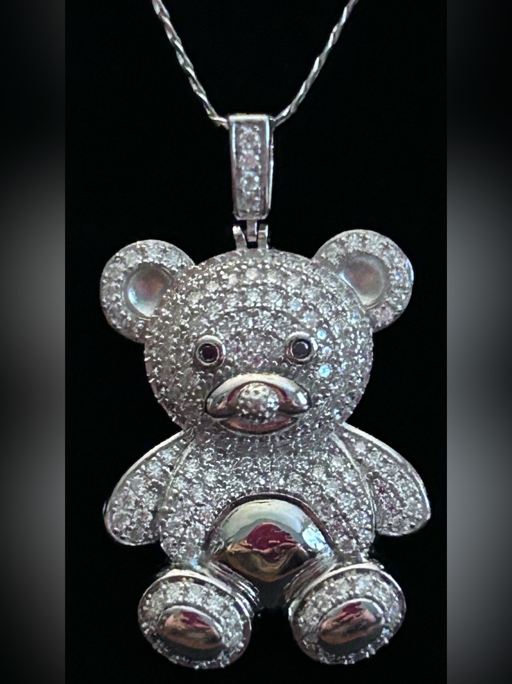 Pavé Moissanite Teddy Bear Pendant Necklace 925 Sterling Silver Curb Link Chain